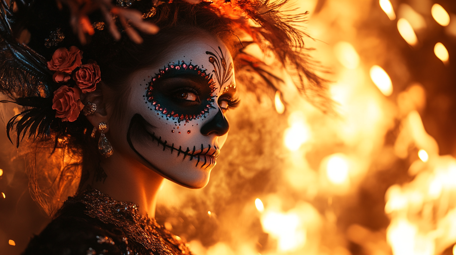 atelier photographie feu, maquillage de scène, Día de los Muertos, art du feu, Yann photographe, Sophie maquilleuse, performance artistique, roman photo, spectacle de feu, immersion artistique.